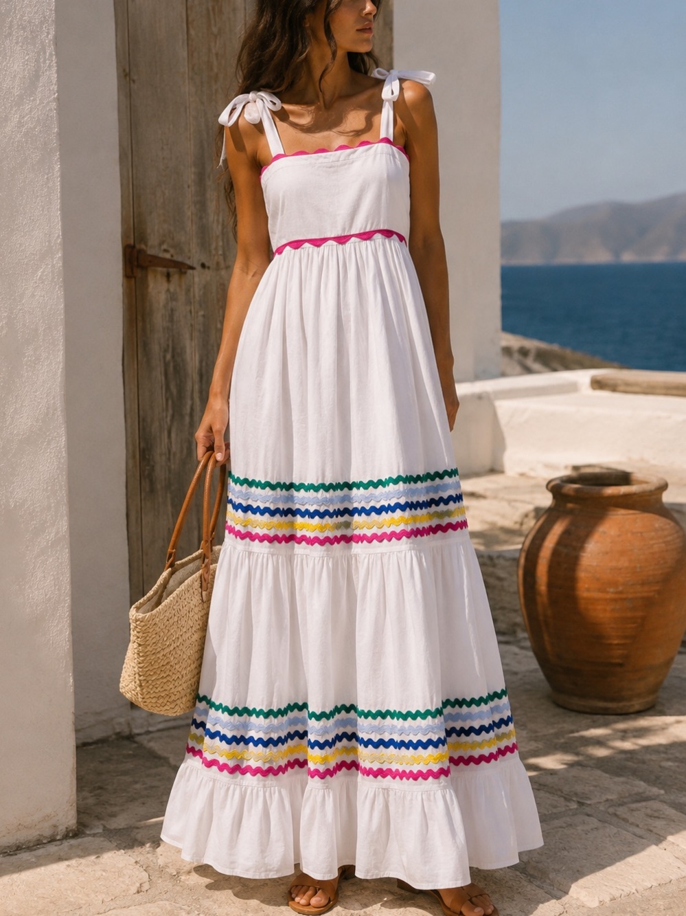 Crown & Ivy NWT White Cotton Ric Rac Tie Strap Maxi Dress Size S